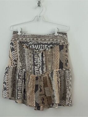 BOHO Tribal Aztec Scarf Print Mini Skirt Tiered Ruffle Festival L 100% Cotton